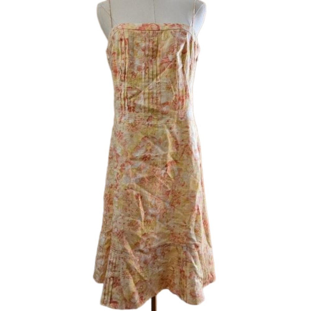 Ann Taylor Linen Pink Yellow Pastel Floral Pleated Detail Midi Dress-Size 8